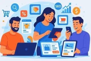 Modern eCommerce concept showing shoppers on multiple devices with marketing and sales growth icons, Boost eCommerce Sales